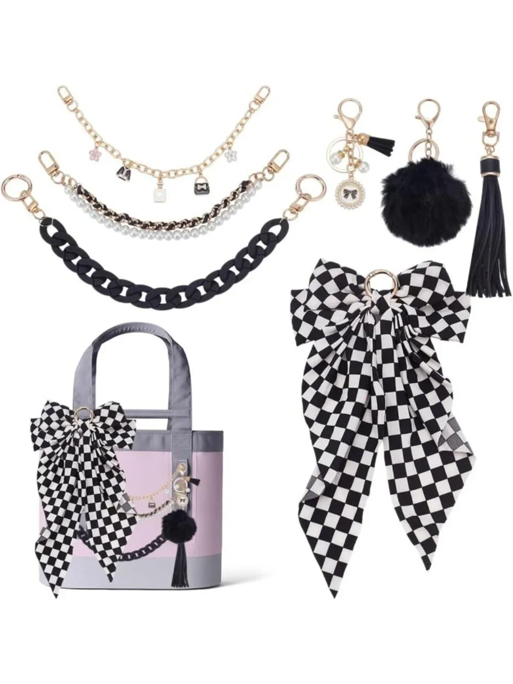 Chic 5pcs Tote Bag Decor Kit - Houndstooth Bow, Tassel, Pearl Charms & Pom Poms